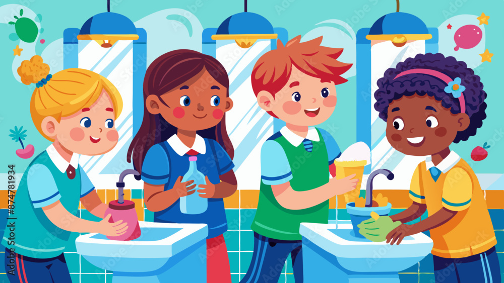 Cheerful Diverse Children Practicing Good Hygiene in a Colorful School Bathroom