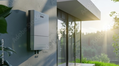 A solar inverter mounted on the wall of a solar-powered home, displaying the conversion of solar energy into usable electricity, symbolizing the technological advancements in green power systems