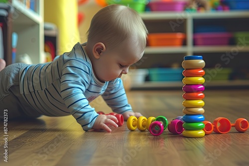 a baby crawling on the floor with toys, tiny explorer crawling towards colorful toys
