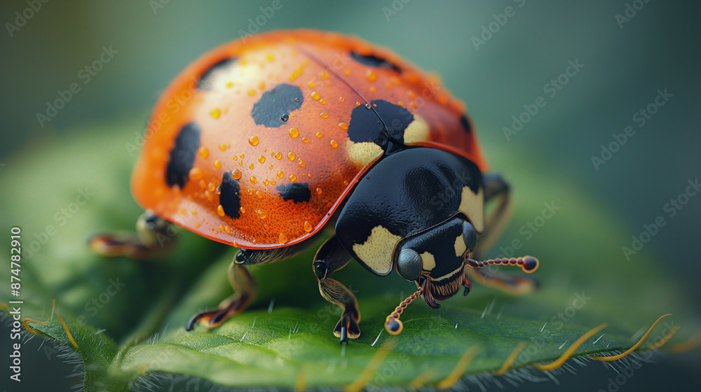 Fototapeta premium Close-Up of a Vibrant Ladybug on a Green Leaf in Natural Outdoor Setting