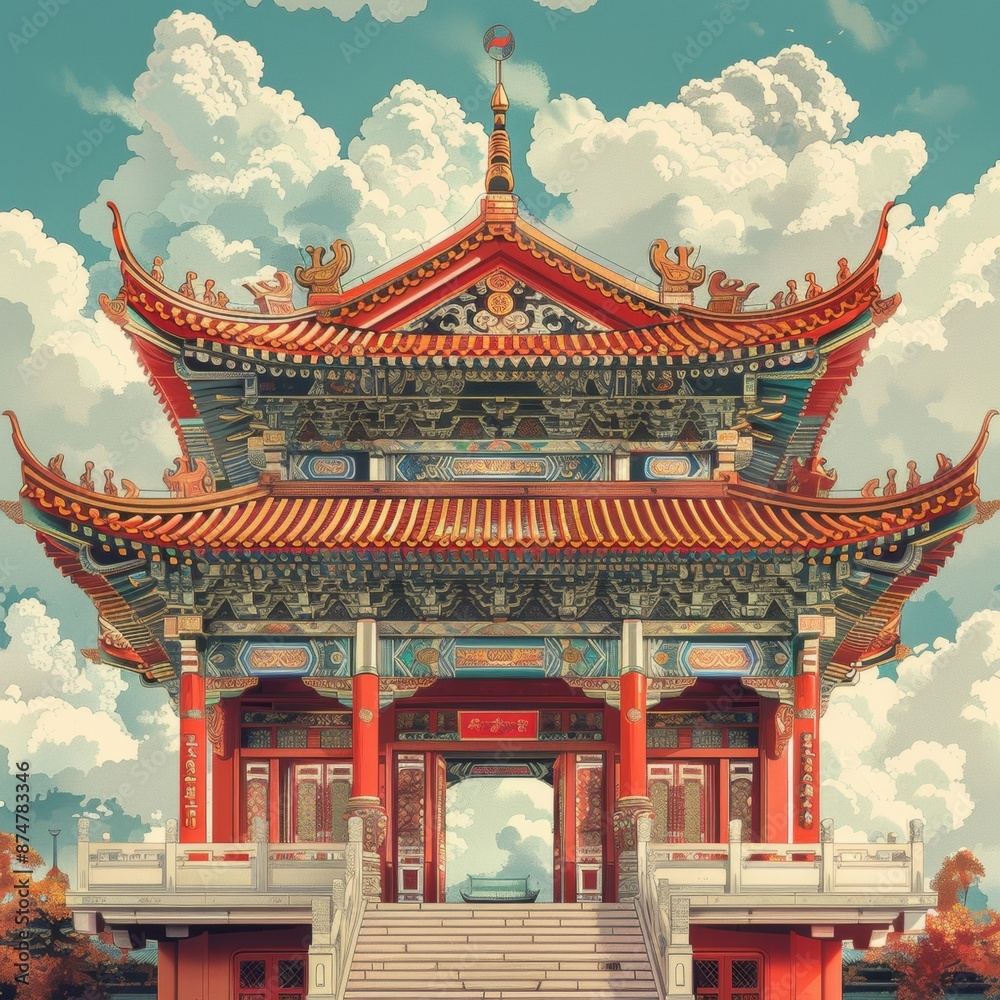 Majestic Asian Temple Entrance Gate with Rich Colors - Detailed Illustration of Traditional Architecture and Design Majestic Asian Temple Entrance Gate with Rich Colors - Detailed Illustration of Traditional Architecture and Design