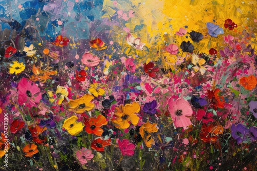 Fototapeta Naklejka Na Ścianę i Meble -  a painting of flowers in a field, Summer wildflower meadow