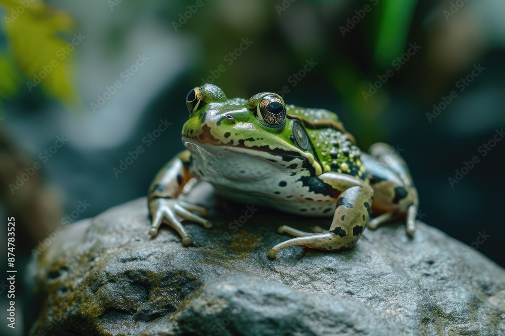 a frog sitting on a rock in the water, Glistening frog on a rock a frog sitting on a rock in the water, Glistening frog on a rock