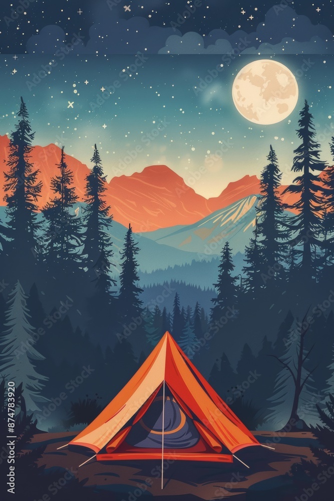 Fototapeta premium Illustration of a tent in front of an outdoor forest and mountain landscape, with a starry night sky,