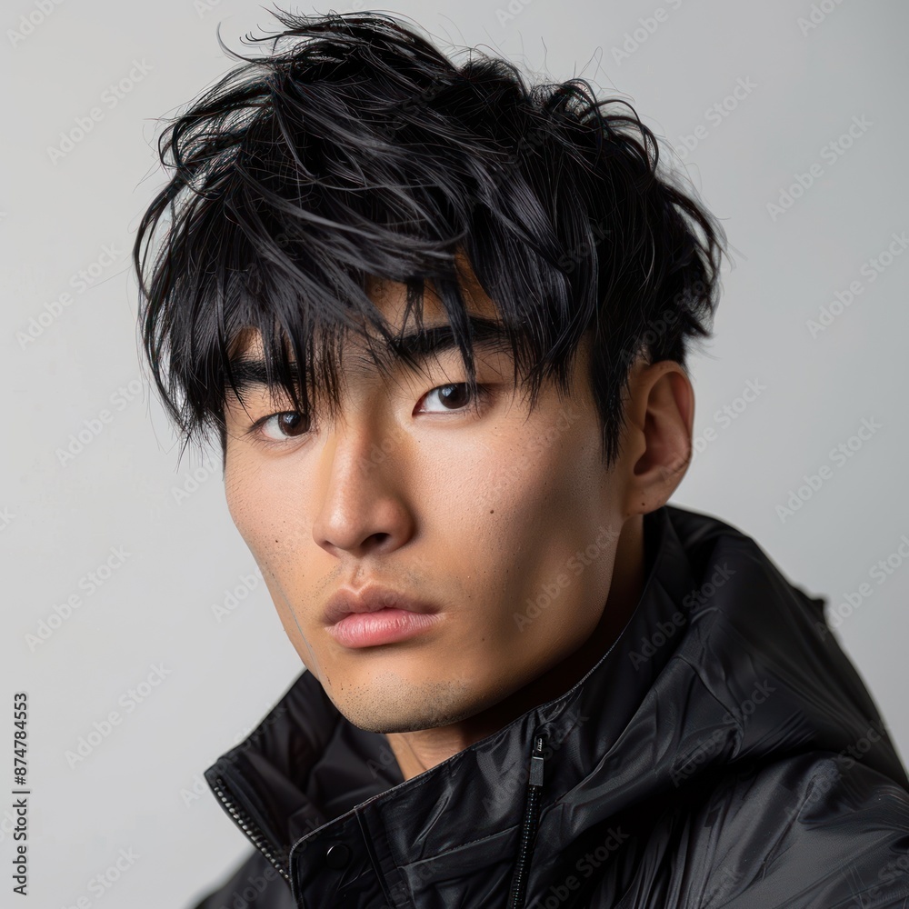 Japanese man with textured crop hairstyle, wearing a trendy jacket, looking modern, Portrait half-body, hyper-realistic, high detail, photorealistic, white background, studio lighting, Key Light, Japanese man with textured crop hairstyle, wearing a trendy jacket, looking modern, Portrait half-body, hyper-realistic, high detail, photorealistic, white background, studio lighting, Key Light,