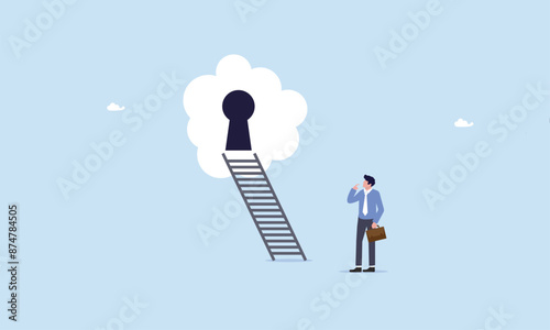 Businessman climbing up ladder through secret keyhole, business opportunity or ladder of success, challenge ahead for career development and personal improvement, motivation and inspiration concept.