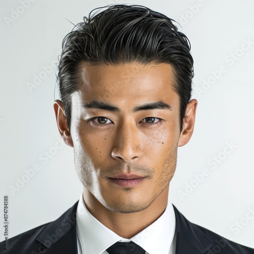 Japanese man with slicked back hair, wearing a suit, looking polished, Portrait half-body, hyper-realistic, high detail, photorealistic, white background, studio lighting, Key Light, Fill Light, Back photo