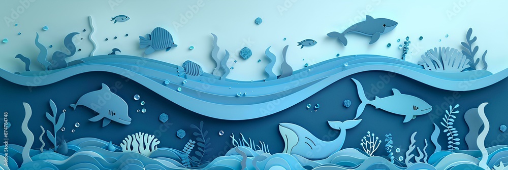 Save the OCEAN banner with paper cut sea life and ocean waves background vector presentation design template for business plan or green eco concept Save the OCEAN banner with paper cut sea life and ocean waves background vector presentation design template for business plan or green eco concept