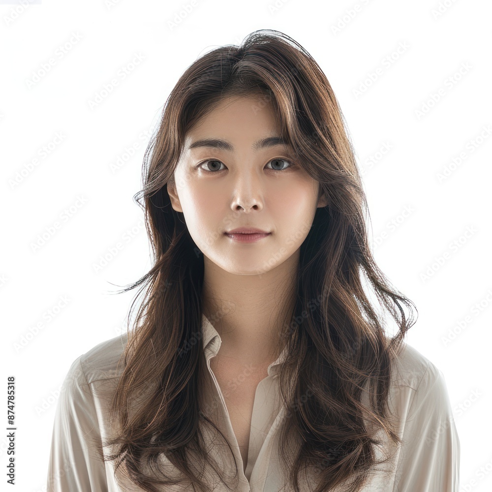 Korean woman with layered long hair, wearing a casual blouse, looking natural, Portrait half-body, hyper-realistic, high detail, photorealistic, white background, studio lighting, Key Light, Fill Korean woman with layered long hair, wearing a casual blouse, looking natural, Portrait half-body, hyper-realistic, high detail, photorealistic, white background, studio lighting, Key Light, Fill