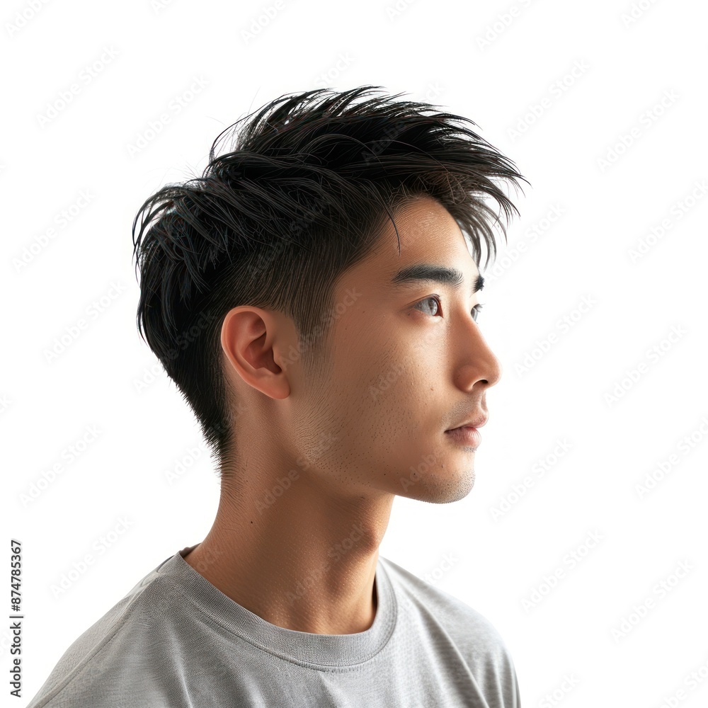 Japanese man with short back and sides hairstyle, wearing a casual t-shirt, looking trendy, Portrait half-body, hyper-realistic, high detail, photorealistic, white background, studio lighting, Key Japanese man with short back and sides hairstyle, wearing a casual t-shirt, looking trendy, Portrait half-body, hyper-realistic, high detail, photorealistic, white background, studio lighting, Key