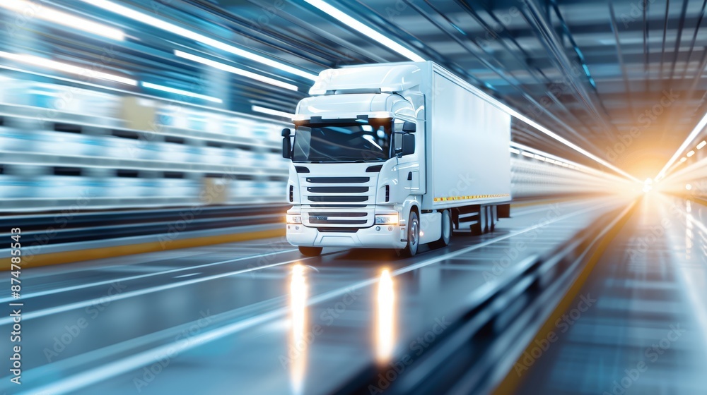 Cutting-edge logistics center, automated systems managing haulage and transfer, illustrating the future of transport and conveyance