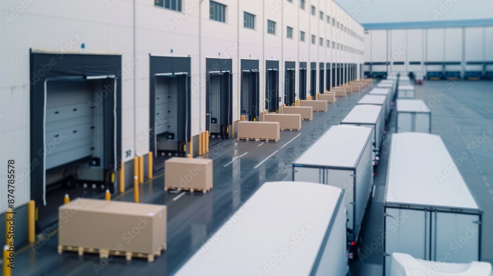 Delivery trucks lined up at a distribution center, showcasing efficient allocation and disbursement of goods, a seamless supply chain in action Delivery trucks lined up at a distribution center, showcasing efficient allocation and disbursement of goods, a seamless supply chain in action