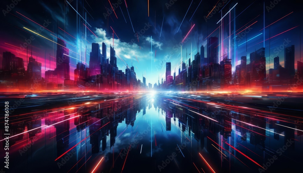 A vibrant abstract background illustration with sharp, angular lines in neon colors against a black canvas, evoking a dynamic cityscape at night A vibrant abstract background illustration with sharp, angular lines in neon colors against a black canvas, evoking a dynamic cityscape at night
