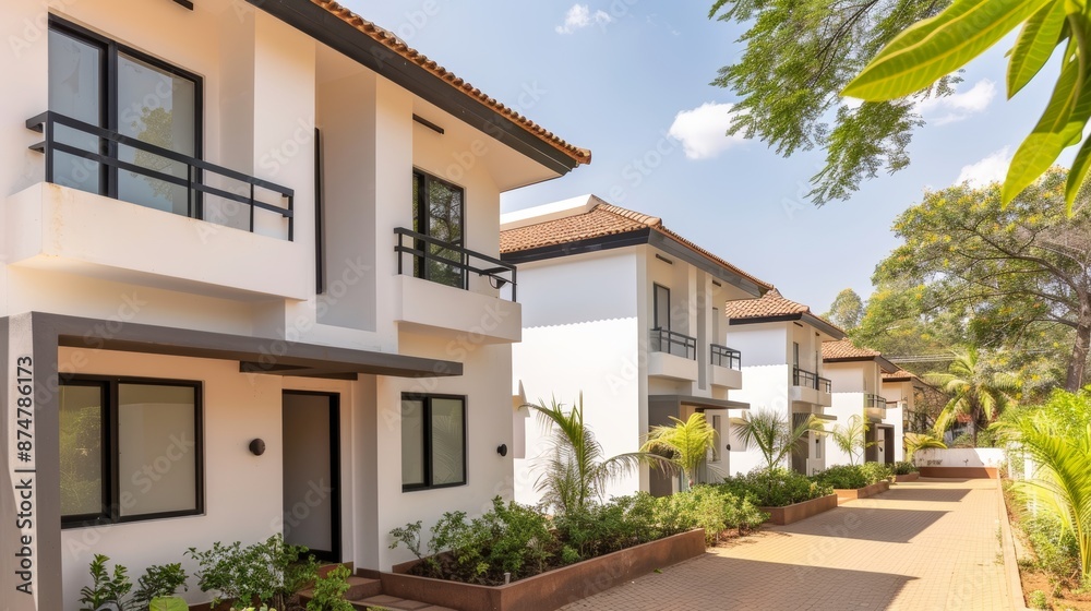 Fototapeta premium Village setting with beautiful abodes, offering comfortable accommodations in a harmonious community, a tranquil and inviting environment