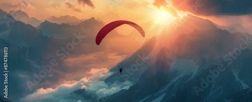 Beautiful paragliding over the mountains at sunset, parapent flying in alps with colorful sky and clouds, adventure sport concept banner background photo