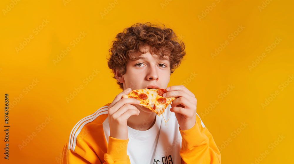 Teenage Boy Enjoying a Slice of Pizza Against a Bright Yellow Background Teenage Boy Enjoying a Slice of Pizza Against a Bright Yellow Background