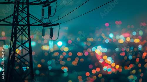 power lines hanging at high-voltage towers with blurry abstract defocused city lights in background at night , transmission of electricity, electrical network for urban life city , energy distribution