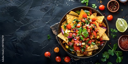 Texan-inspired Vegetarian Nachos with Texas Caviar Catering to Different Diets. Concept Texan Cuisine, Vegetarian Nachos, Texas Caviar, Catering, Various Diets photo