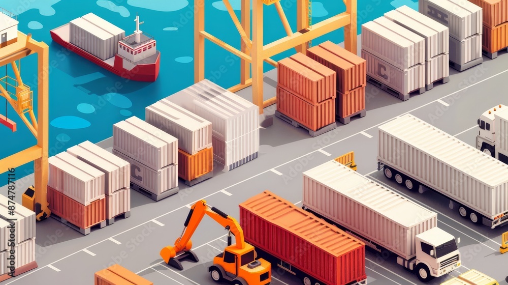 Dockside scene, featuring a freight depot, cranes and forklifts moving cargo, a bustling hub of international trade and logistics Dockside scene, featuring a freight depot, cranes and forklifts moving cargo, a bustling hub of international trade and logistics
