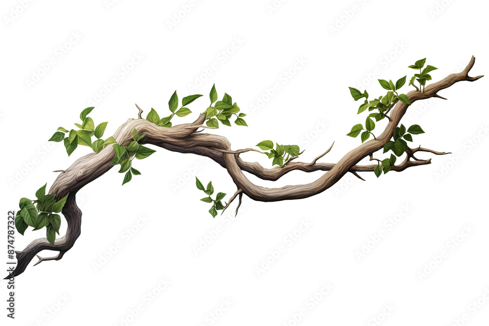 Twisted jungle branch with lush green plant growth, isolated PNG image on transparent background for botanical and nature design projects Twisted jungle branch with lush green plant growth, isolated PNG image on transparent background for botanical and nature design projects