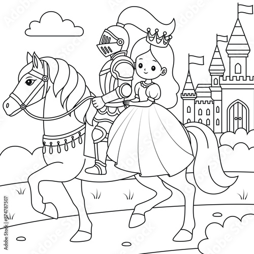 Knight and a Princess Riding a Horse outline coloring page