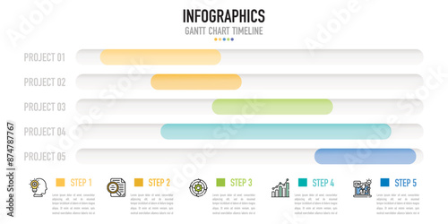 Gantt chart timeline infographic template or element with 5 project, process, step, option, colorful bar, arrow, minimal, modern style for sale slide, planner, workflow, roadmap, web
