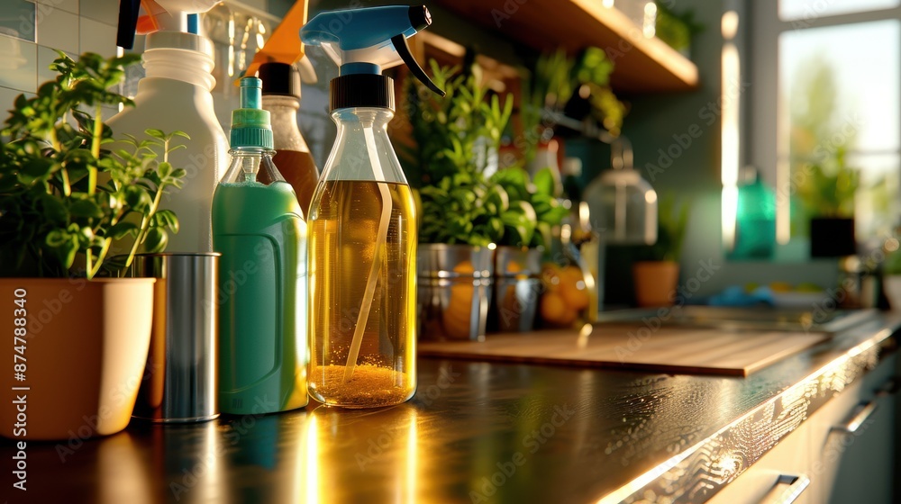 Eco-Friendly Cleaning, Cleaning supplies on kitchen counter, Sustainable living Eco-Friendly Cleaning, Cleaning supplies on kitchen counter, Sustainable living