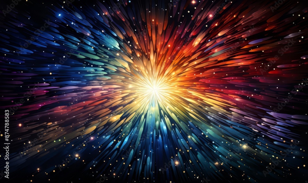 A vibrant abstract illustration with a burst of colors fanning out like fireworks against a night sky A vibrant abstract illustration with a burst of colors fanning out like fireworks against a night sky