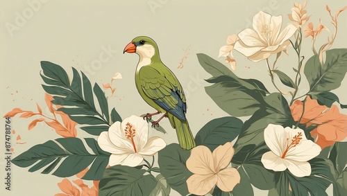 Colorful Parrot on Branch with Tropical Flowers - Vibrant Nature Illustration