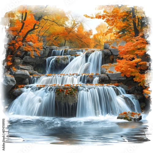 Breathtaking Autumn Waterfall in Vibrant Foliage Landscape with Serene Atmosphere