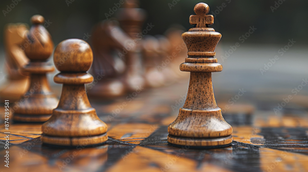 Fototapeta premium Detailed close-up of wooden chess pieces on a chessboard, highlighting the king and pawn in a strategic setup.