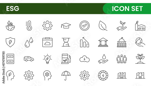 ESG flat line icon set. Outline icon collection related to ecology, environment social governance, risk management, sustainable developmen and more. photo