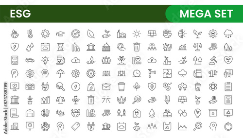 ESG flat line icon set. Outline icon collection related to ecology, environment social governance, risk management, sustainable developmen and more.