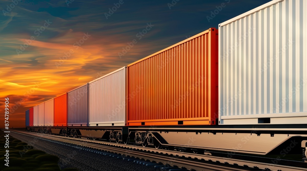 Fototapeta premium Freight train carrying a variety of cargo, highlighting the transport and delivery of goods across vast distances, industrial backdrop