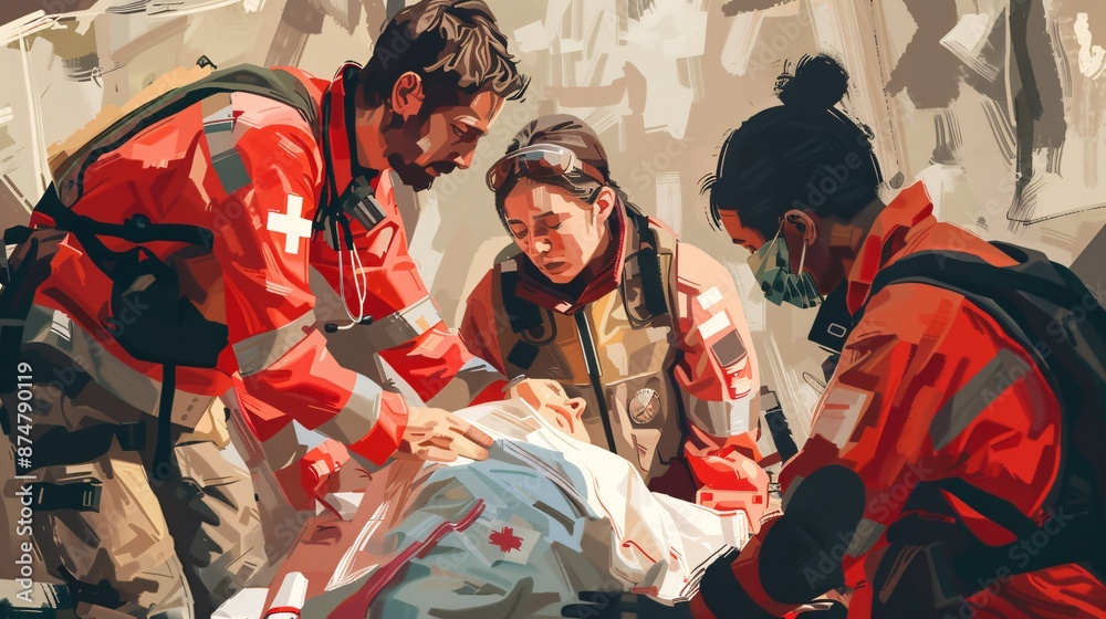 Obraz premium Illustration of a medical team providing emergency care to a victim in a disaster zone