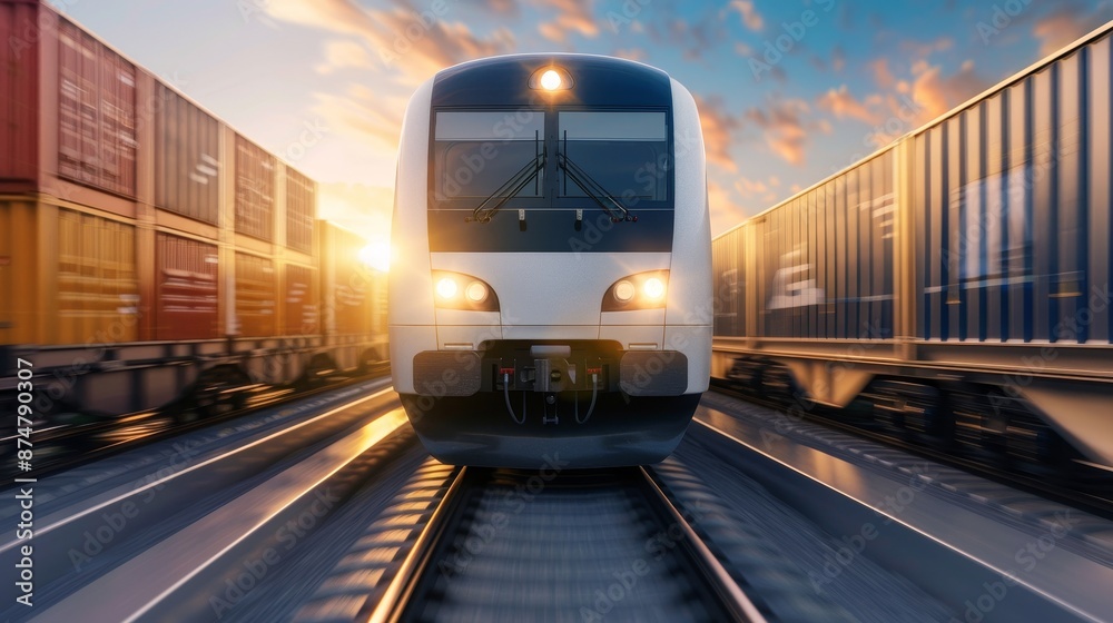Naklejka premium High-speed freight train, managed with cutting-edge technology for rapid delivery, seamless logistics, and effective cargo management