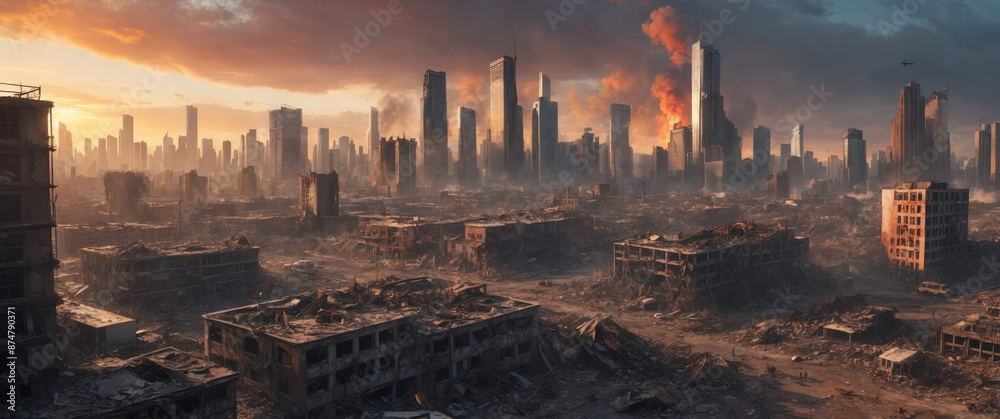 custom made wallpaper toronto digitalPanoramic view of destroyed city with towering skyscrapers against fiery sunset