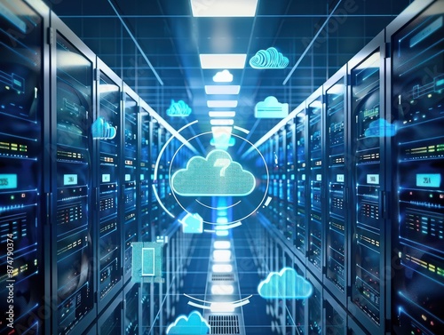 Cloud computing tech for data storage virtualization scalability security and backup services. Concept Cloud Computing, Data Storage, Virtualization, Scalability, Security, Backup Services photo
