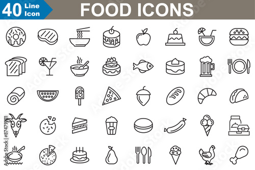 Food icons set vector illustration. cocktail, pancakes, bread, chocolate and more. 
