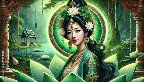 Radiant Divinity of Green Tara Face
This enchanting image portrays Green Tara, the Goddess of Compassion, with radiant beauty and divine elegance. She is adorned in emerald green attire.  photo