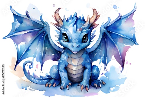 Cute blue dragon, watercolor painting