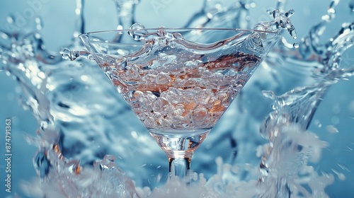   A close-up of a martini glass with ice on the rim and a splash of water on the bottom photo