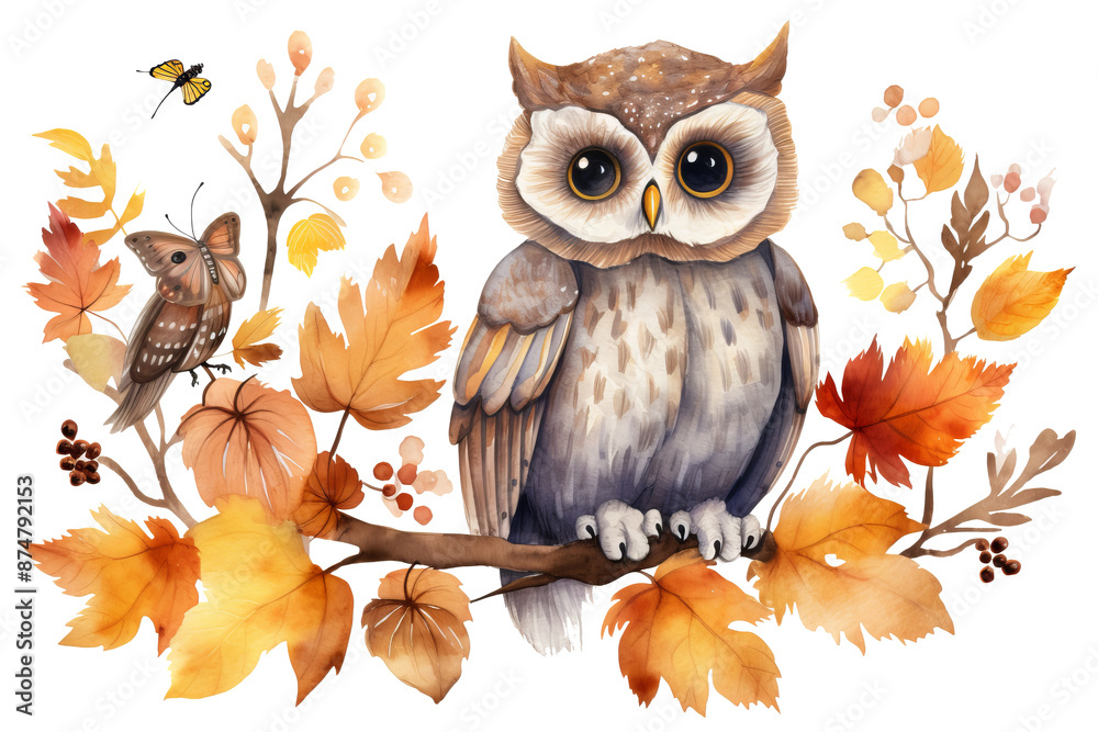 Obraz premium Watercolor illustration of a cute autumn owl with leaves and acorns, perfect for clipart and sublimation projects on PNG transparent background