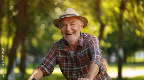 Happy senior man enjoying a bike ride in the serene park