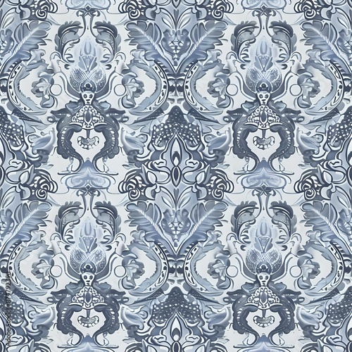 Blue and Orange Paisley Motif Pattern with Symmetrical Composition