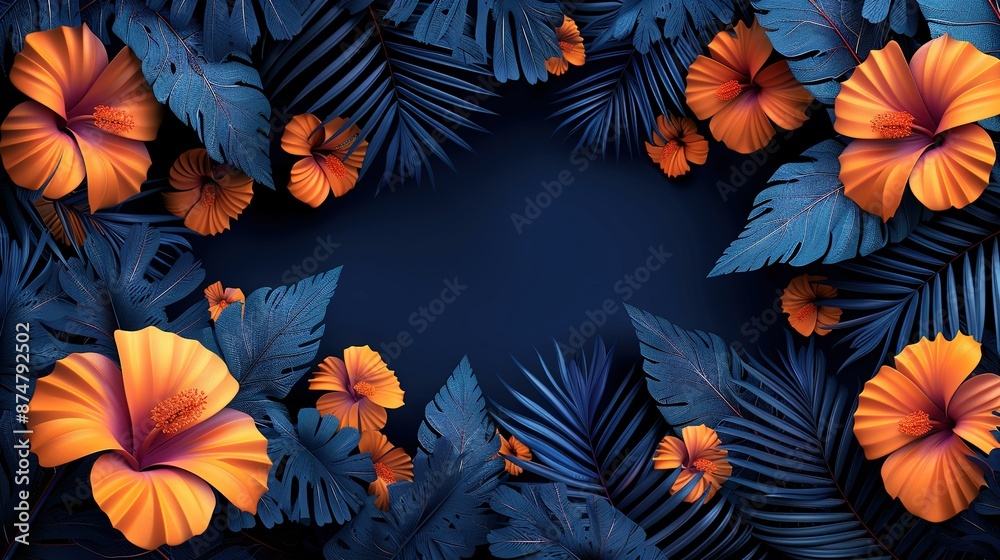 A blue and orange background with tropical leaves and flowers on a dark blue background with space for text A blue and orange background with tropical leaves and flowers on a dark blue background with space for text
