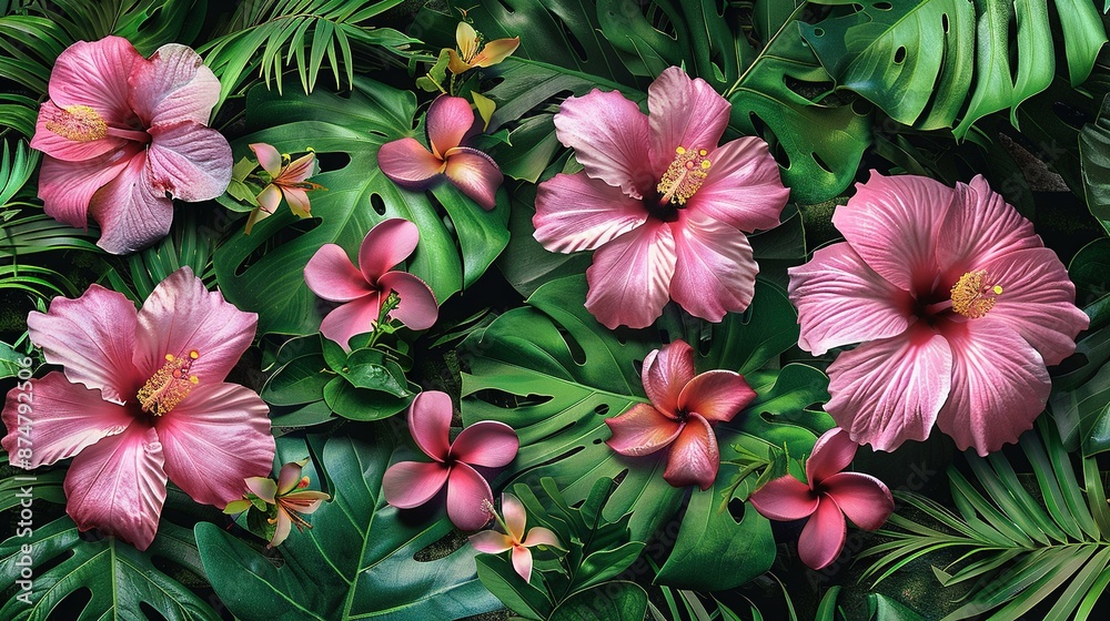 Pink flowers surrounded by green leaves on a lush green bed Pink flowers surrounded by green leaves on a lush green bed