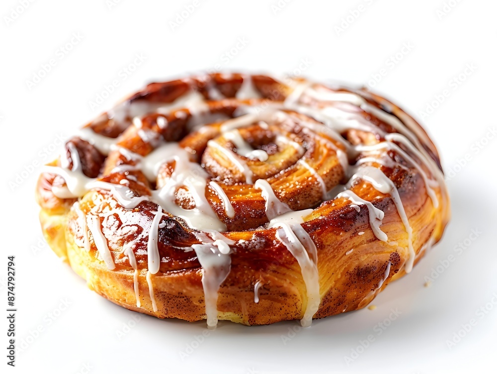 Fototapeta premium Freshly Baked Cinnamon Roll with Generous Icing on White Background Isolated Snack or Dessert Concept