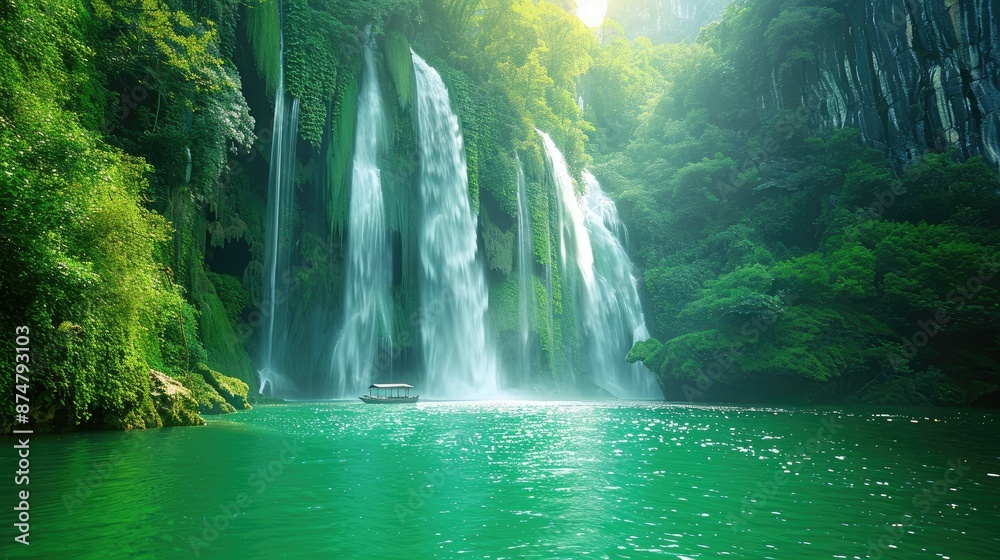 Emerald lake with towering green cliffs and falls Emerald lake with towering green cliffs and falls