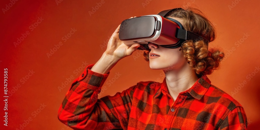 Young Woman Experiencing Virtual Reality with a Red Plaid Shirt Young Woman Experiencing Virtual Reality with a Red Plaid Shirt